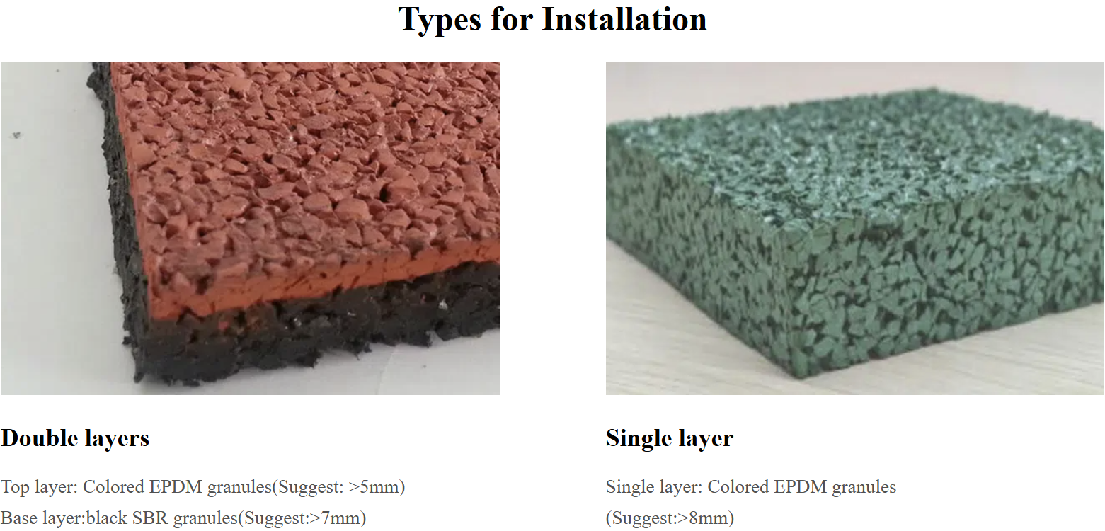 ตัวอย่างพื้นสองชั้นที่มีชั้น EPDM สีบนฐาน SBR สีดำ เปรียบเทียบกับพื้น EPDM ชั้นเดียว